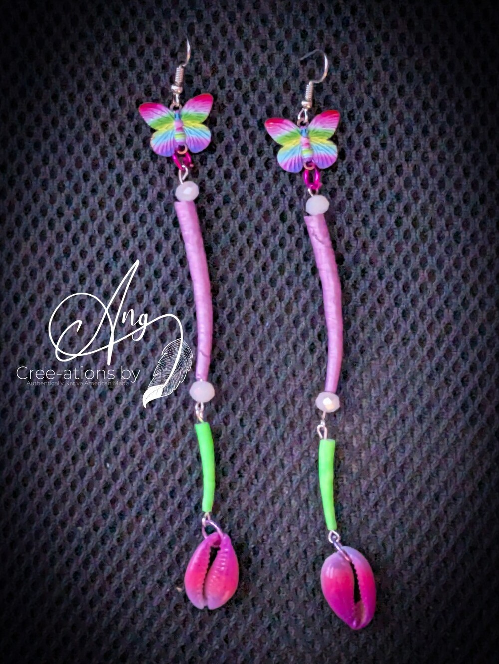 Native American Pink, Purple & Green Ombre Butterfly Shell Drop Earrings